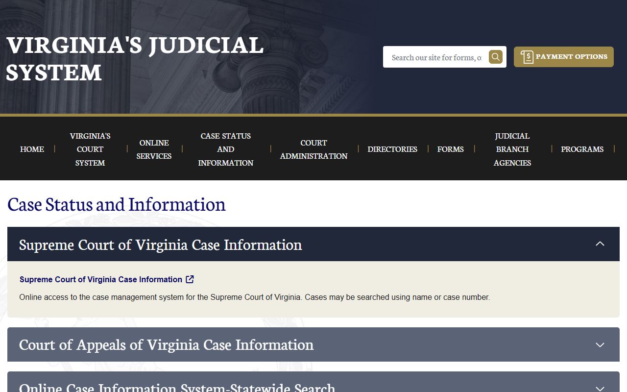Virginia courts case information page for criminal court record searches